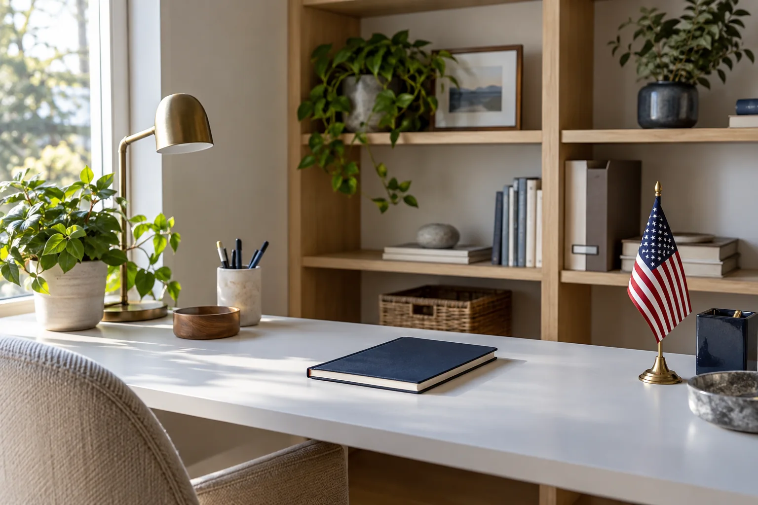 Conceptual professional workspace with a navy planner and a small American flag