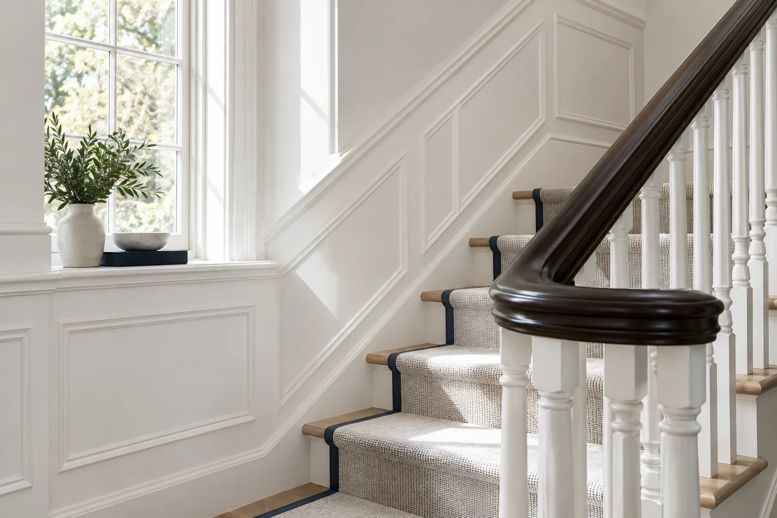 Bright white staircase with clean architectural lines and natural light